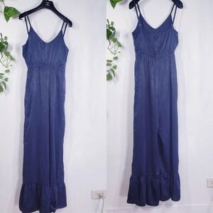 Wide Leg Jumpsuit Womens‎ SMALL Navy Blue Ruffle Hem Strappy BLUSH NIOR 16x30